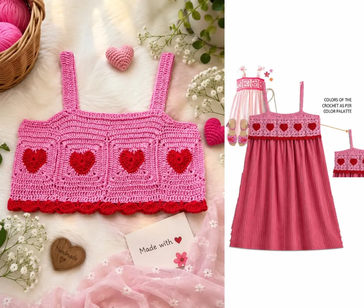 Handmade crochet heart crop top in pink & red