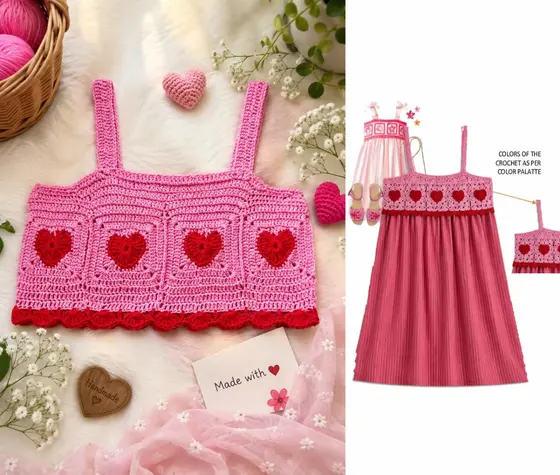 Handmade crochet heart crop top in pink & red