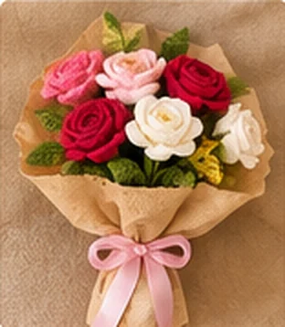 Crochet rose bouquet wrapped in kraft paper