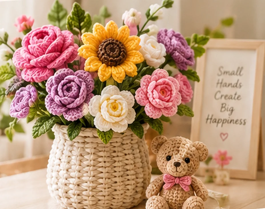 Basket of handmade crochet roses and sunflowers with a crochet teddy bear